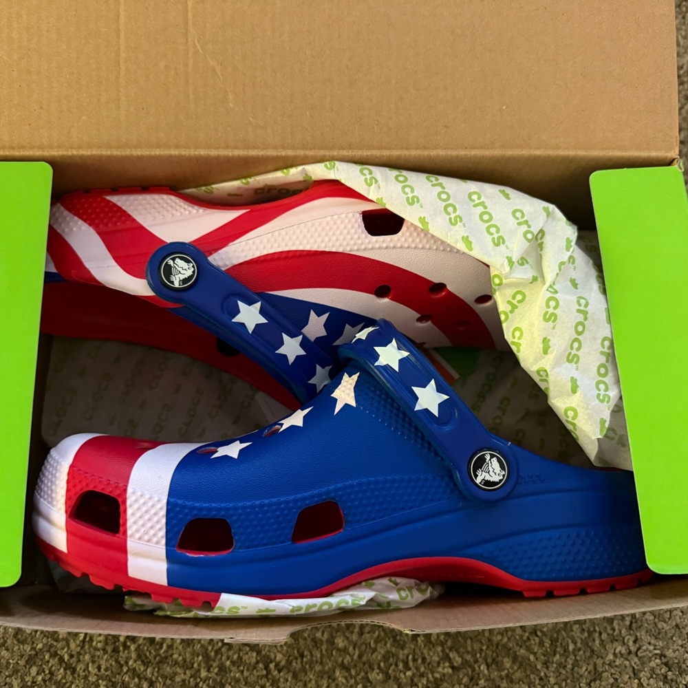 SOLD! NEW! CROCS American Flag Clogs. Size 9 Women’s / Size 7 men’s